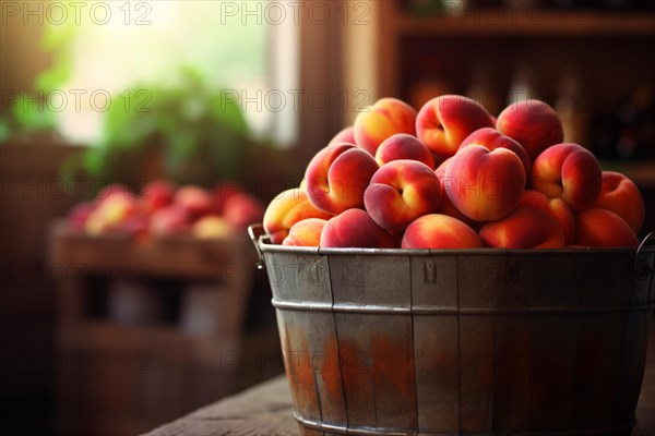 Bucket full of fresh raw peach fruits. KI generiert, generiert AI generated