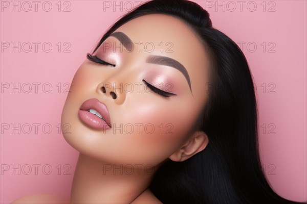Portrait of beautiful young Asian woman with glamourous pink makeup. KI generiert, generiert AI generated