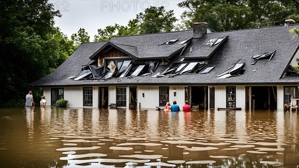 Flood engulfed home with family peering from rising water levels, AI generated