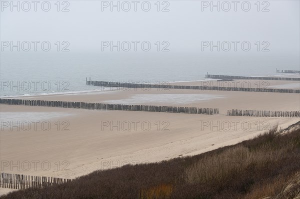 Misty beach view with breakwaters showing dunes in the distance