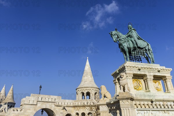 St Stephen in the Fisherman's Bastion, travel, city trip, tourism, Eastern Europe, architecture, building, monument, history, historical, attraction, sightseeing, horseman, equestrian monument, building, religion, capital, Budapest, Hungary, Europe