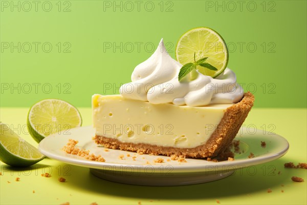 Slice of Key Lemon pie on plate in front of green background. KI generiert, generiert AI generated