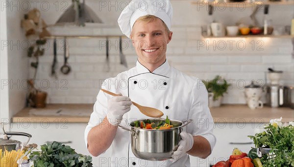 AI generated, portrait, an attractive chef in the kitchen tasting a vegetable soup