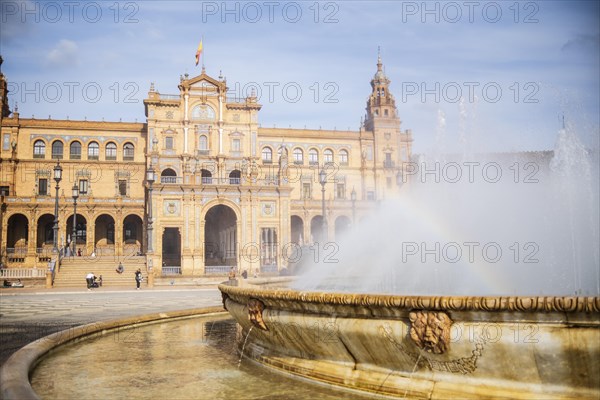 View of Plaza de Espana with fountain, Seville, Andalusia, Spain, Europe