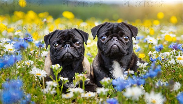 KI generated, animal, animals, mammal, mammals, dog, domestic dogs (Canis lupus familiaris), flower meadow, spring, two dogs