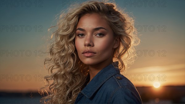 Portrait of a Mixed-race blonde woman with curly hair against a sunset backdrop, emanating serenity, bokeh blurred background, horizontal aspect ratio, AI generated