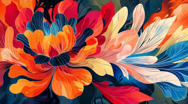 A colorful digital illustration of vivid, dynamic floral patterns with an elegant feel, ai generated, AI generated