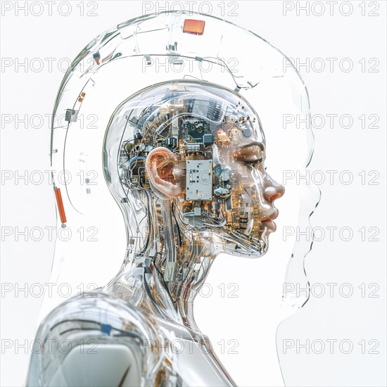 Medical a human head with brain and computer chip, symbol image KI in the human brain, ai generated, AI generated
