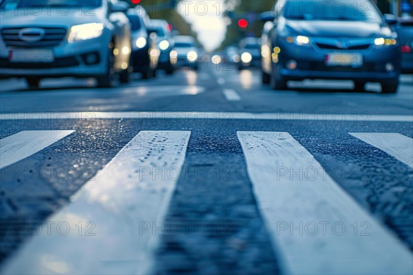 Close up of crosswalk on street with waiting cars in blurry background. KI generiert, generiert AI generated