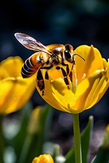 Bee alights on vibrant yellow tulip, AI generated