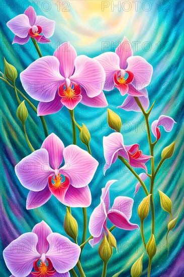 Surrealistic painting of orchids adrift in an ethereal dream scape fusion of natural flora, AI generated