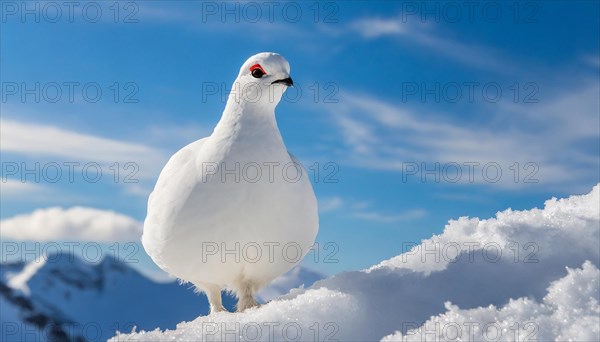 KI generated, A rock ptarmigan foraging in winter, white plumage, (Lagos muta), pheasants