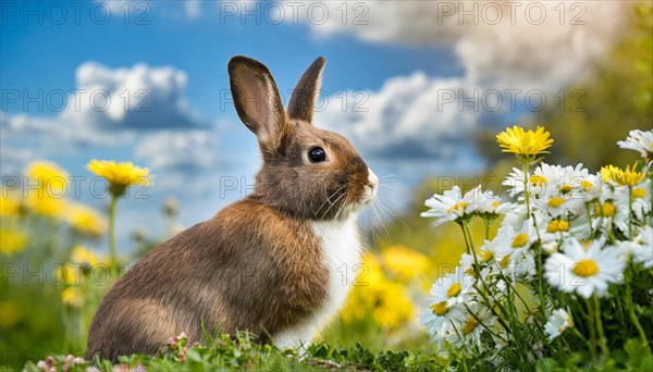 KI generated, A colourful dwarf rabbit in a meadow with white and yellow flowers, spring, side view, (Brachylagus idahoensis)