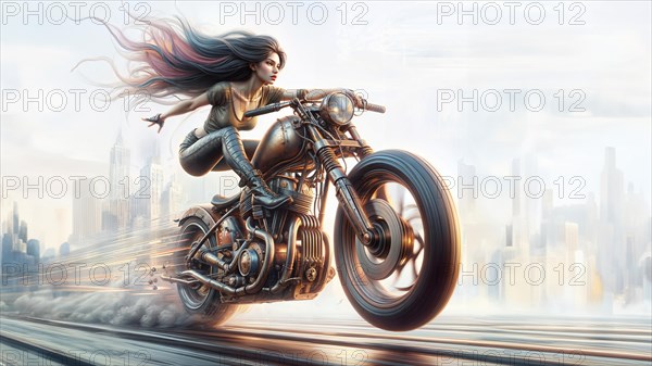 Artwork capturing a woman on a motorcycle with an urban skyline, emphasizing speed and motion, AI generated