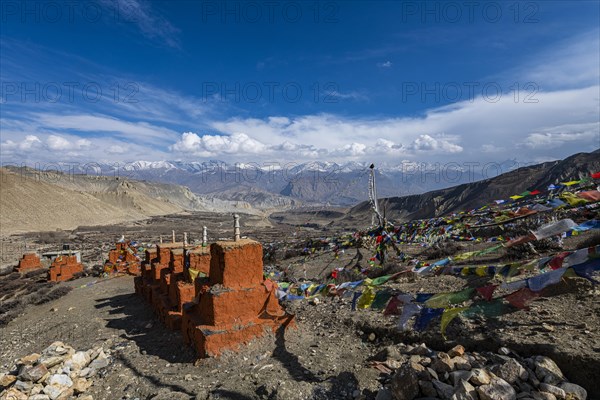 Colourfully painted Buddhist stupa, Ghar Gumba monastery, Kingdom of Mustang, Nepal, Asia