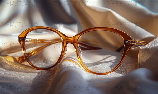 Elegant eyeglasses with warm-toned acrylic frames resting on textured fabric AI generated