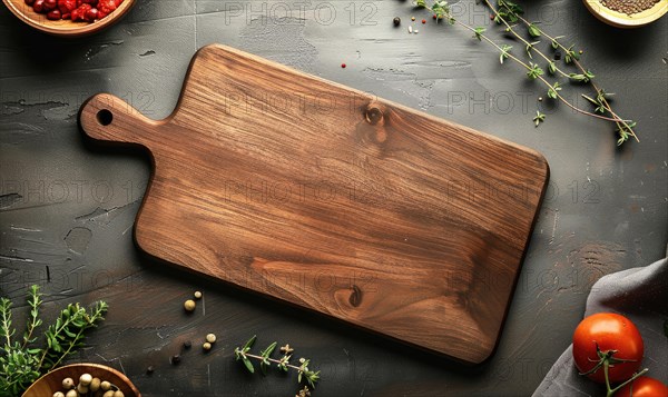 A rustic wooden cutting board with herbs and spices on a dark kitchen counter AI generated