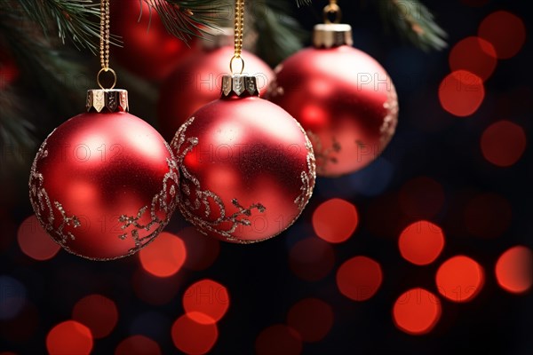 Red and silver Christmas tree baubles with bokeh lights. KI generiert, generiert AI generated