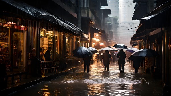 City drainage system overwhelmed by torrential rain water cascading onto flooded streets, AI generated