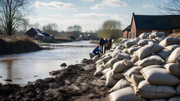 Sandbags piled by volunteers braced against swelling riverbanks, AI generated