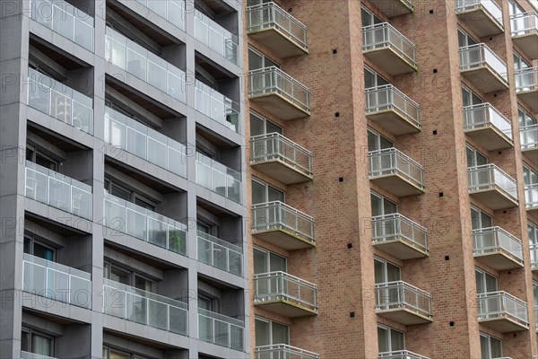 Multi-storey apartment building with glass balconies and brick exterior, Blankenberge, Flanders, Belgium, Europe