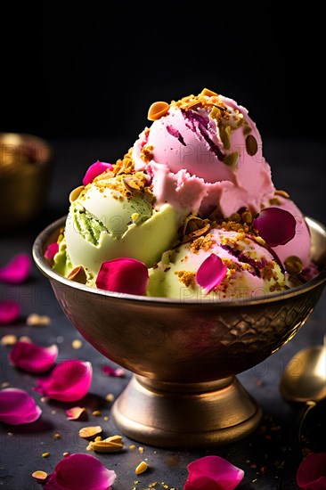 Artisanal ice cream bowl featuring scoops of rose petal pistachio and saffron flavors, AI generated