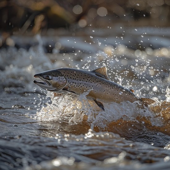 Salmon (Salmo salar) on the migration and swim up a stream in shallow, clear water, ai generiert, AI generated