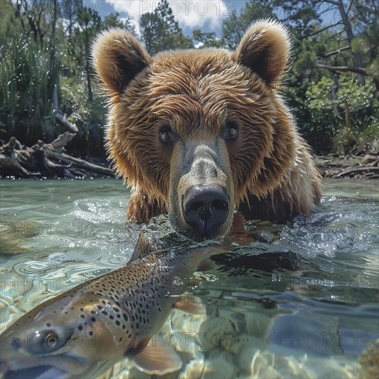 A brown bear hunts salmon in shallow clear water, AI generated