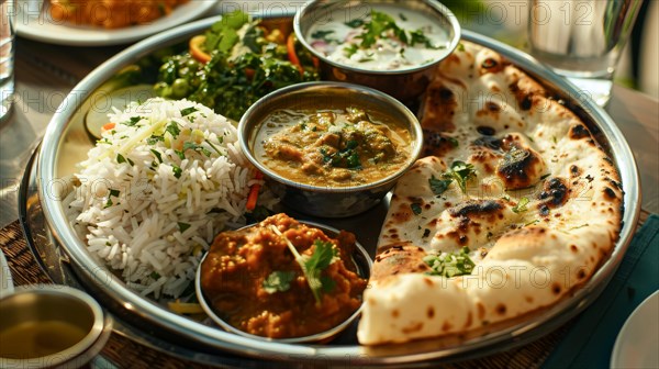 Hearty Indian platter with savory rice, naan, and side dishes, ai generated, AI generated