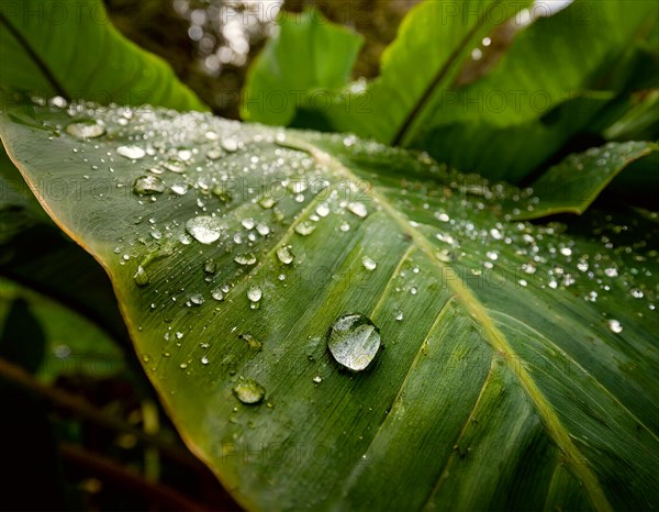 Drops on the surface of a green leaf in diffuse light, AI generated, AI generated