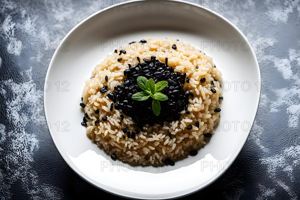 Risotto al nero di seppia creamy rice blackened with squid ink gourmet culinary delight, AI generated
