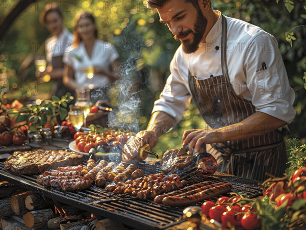 Barbecue party, guests with glasses in their hands stand around a chef who is grilling sausages and steaks, AI generated