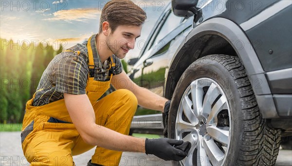 AI generated, A mechanic changes the tyres on a customer's car, Tyre fitting