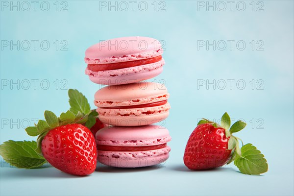Stack of pink French macaron sweets with macaron fruits on blue studio background. KI generiert, generiert AI generated