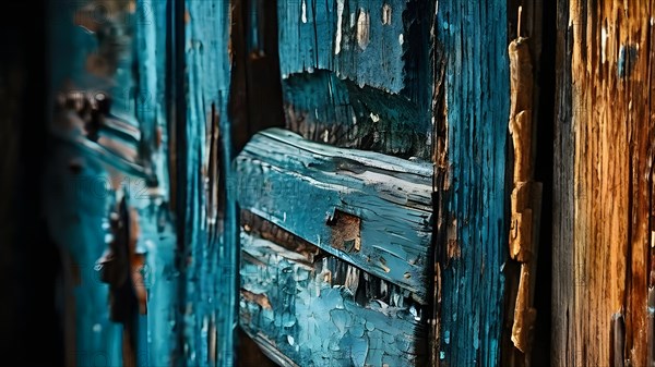 Aged wooden door close up paint chipping away revealing historical layers, AI generated