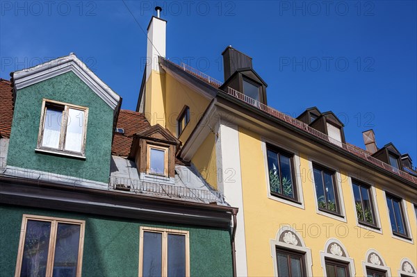 Facades and dormers and chimneys in Baeckerstrasse, Kempten, Allgaeu, Bavaria, Germany, Europe