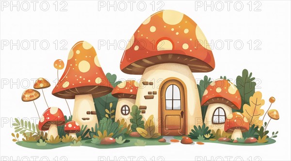 Cozy illustration of a mushroom house in soft, gentle colors with surrounding foliage and stepping stones, ai generated, AI generated