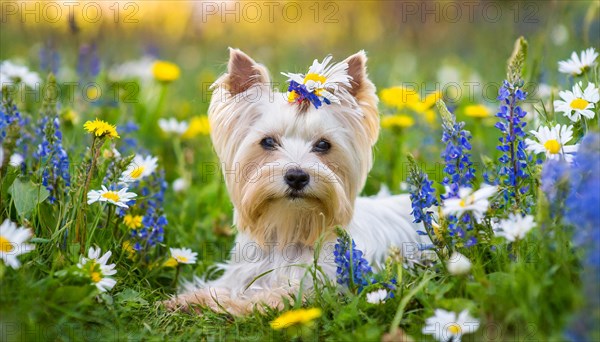 KI generated, A white Yorkshire Terrier lying in a flower meadow, (Canis lupus familiaris)