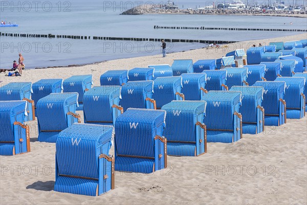 Blue beach chairs on the Baltic Sea, Kuehlungsborn, Mecklenburg-Vorpommern, Germany, Europe