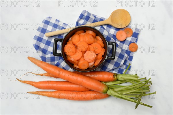 Carrot slices in pots and wooden spoon, carrot (Daucus carota)