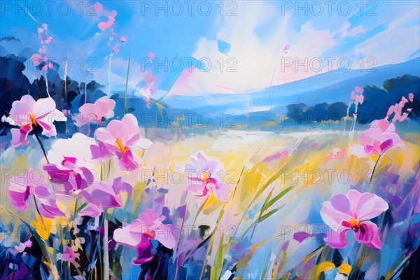 Impressionistic orchid field painting with expressive brush strokes, AI generated