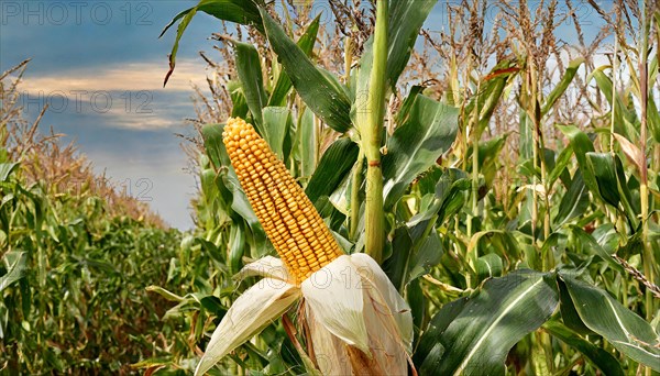 KII generated, A corn field in bloom with fresh ripe corn cobs, (Zea mays)