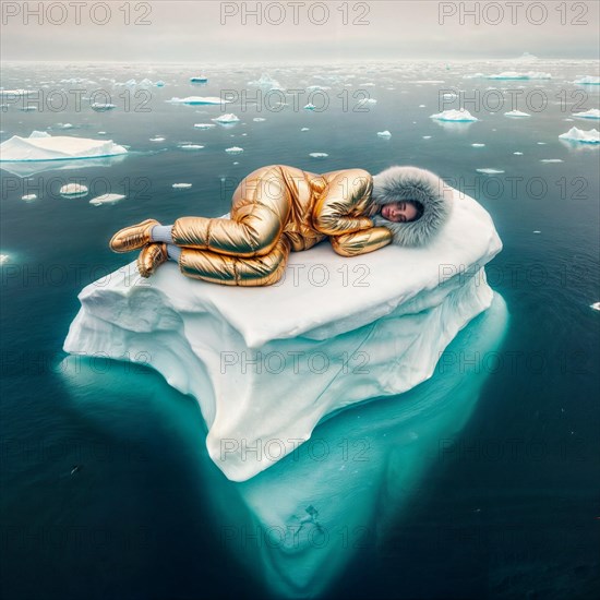 Woman in yellow golden puffer jacket lies on a block of ice alone in the middle of the ocean sea. Environmental issue, climate change agenda, AI generated