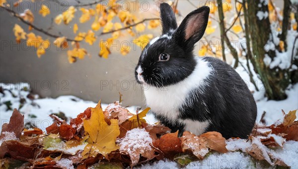 KI generated, A black and white dwarf rabbit in a meadow with autumn leaves, onset of winter, ice, snow, winter, side view, (Brachylagus idahoensis)