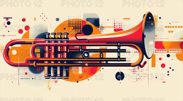 Modern artistic depiction of a trumpet with vibrant orange and yellow geometric shapes, ai generated, AI generated