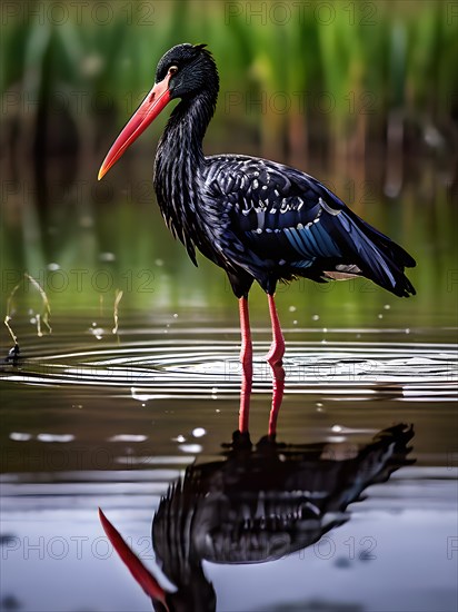 Black stork standing still in calm water reflection mirrored, AI generated