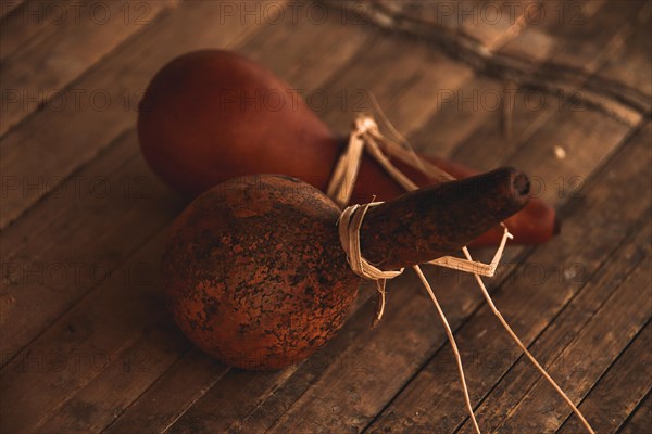 Dry Chinese bottle gourd as traditional water container, hill tribe market, Northern Thailand