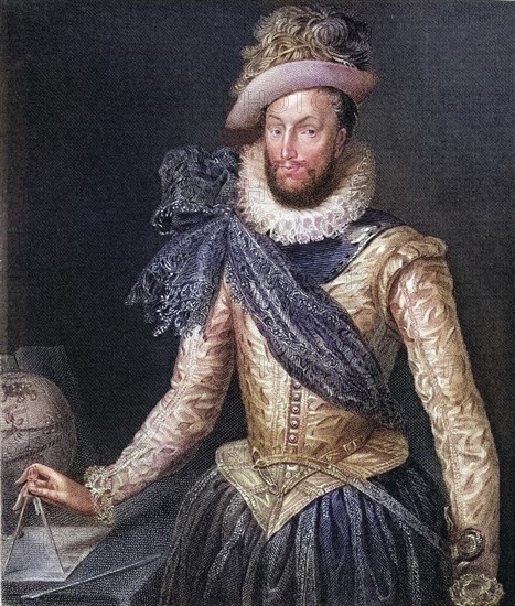 Sir Walter Raleigh (1554-1618), English adventurer and writer. From the book Lodges British Portraits, published in 1823, Historical, digitally restored reproduction from a 19th century original, Record date not stated