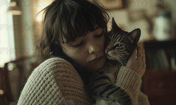 A woman in a cozy atmosphere cuddling with her cat AI generated
