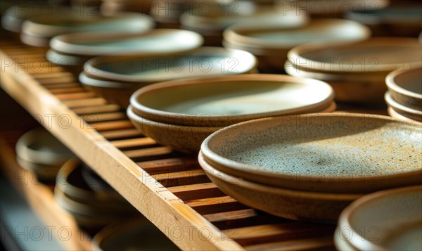 Stacks of ceramic dishes on a wooden rack with warm, ambient lighting AI generated